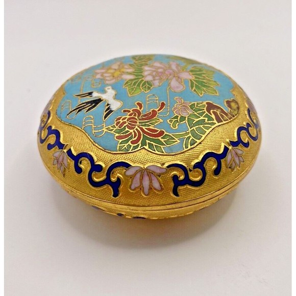 Vintage Cloisonné Gold Bird Floral Flowers Lidded Trinket Box Dish Used - Picture 10 of 12